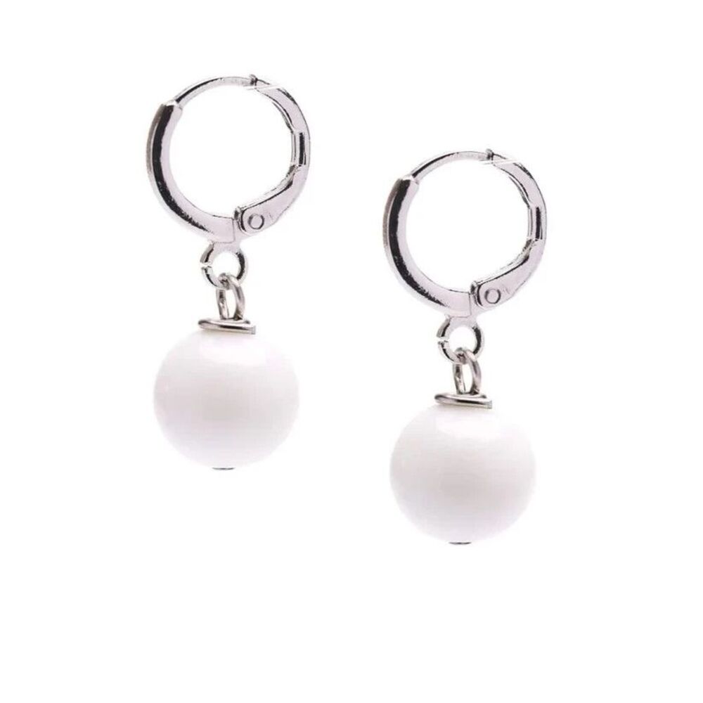 10mm Gemstone Earrings | Handmade Simple Ball Drop w/ Gold Plated Backs - WHITE